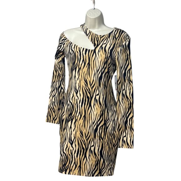 GUESS Shasti front cutout, Bodycon Dress, Kingdom Stripe Print Natural/Black, M - Picture 1 of 13